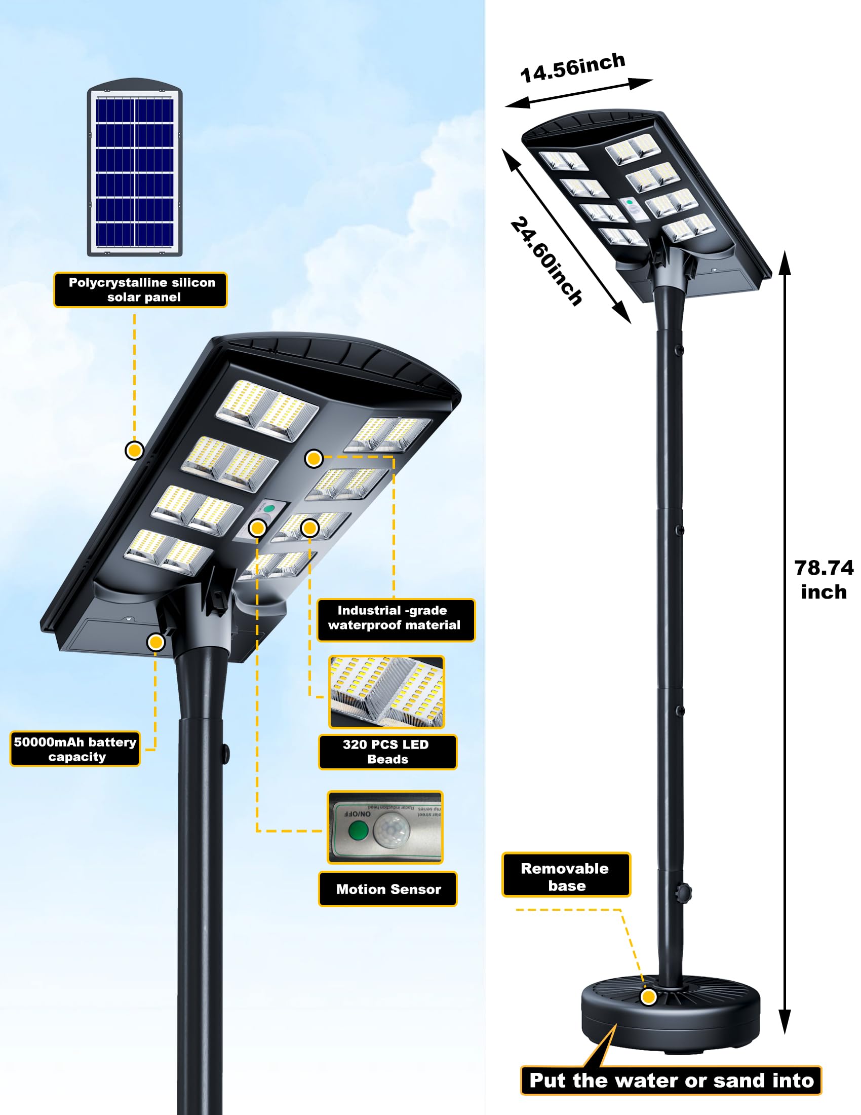 8000W de alta potência IP68 à prova d'água ao ar livre poste de 6,5 pés, 3000K/4000K/6500K lâmpadas de piso solares do anoitecer ao amanhecer luzes de segurança solares