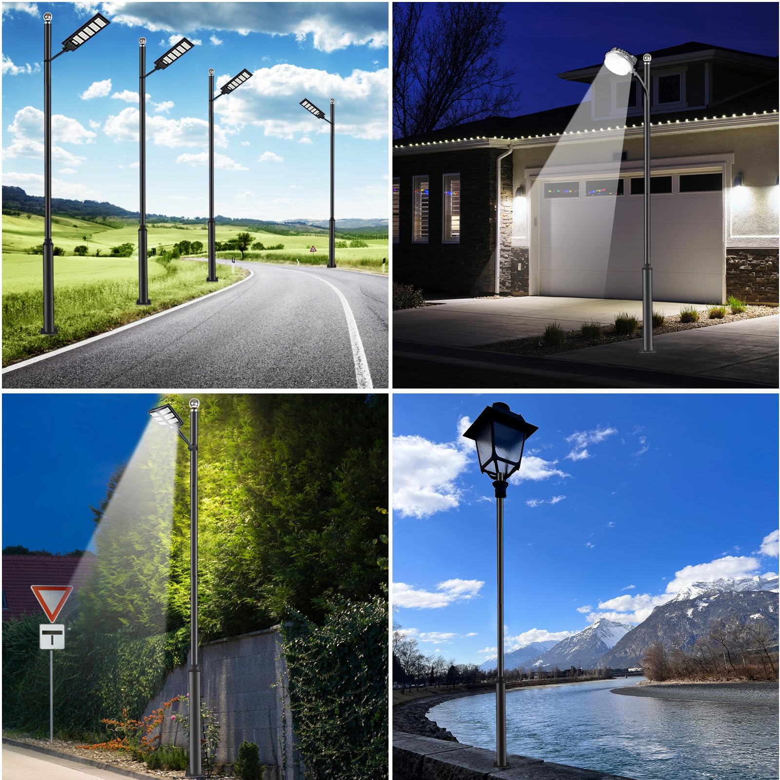 Poste de luz de rua para áreas externas, postes de lâmpada solar de metal com 10 pés de altura, perfeito para quintal, pátio, rua, luminárias