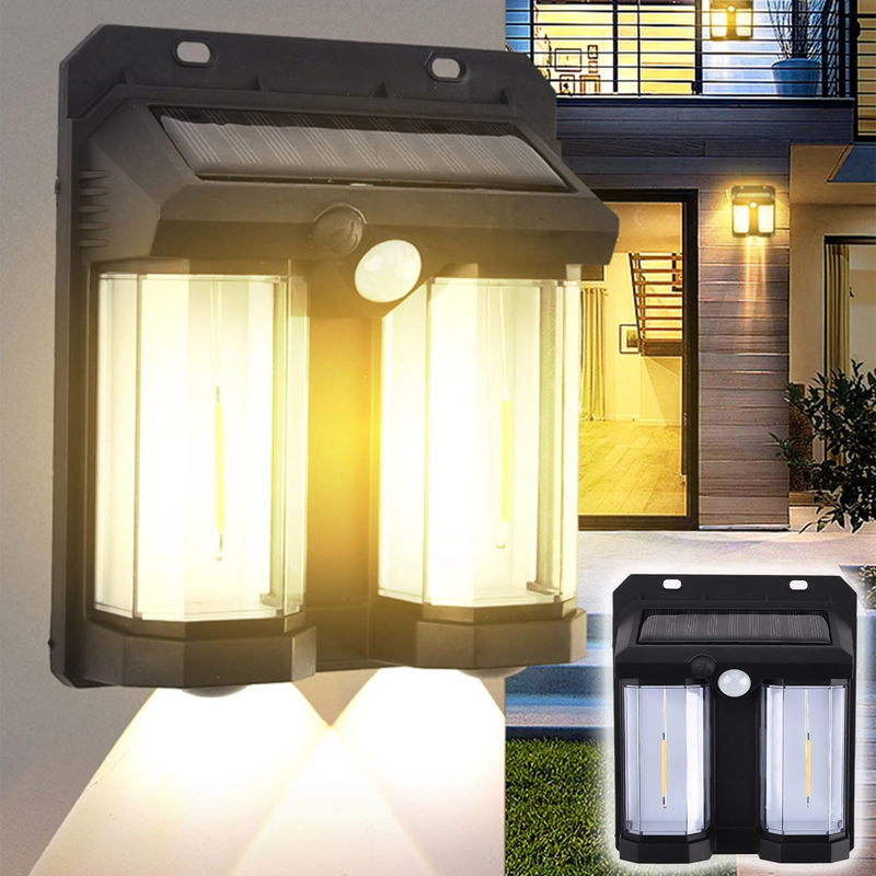 Lâmpada de parede solar à prova d'água com sensor de movimento solar externo brilhante de alta potência para jardim, quintal, com duas fontes de luz LED