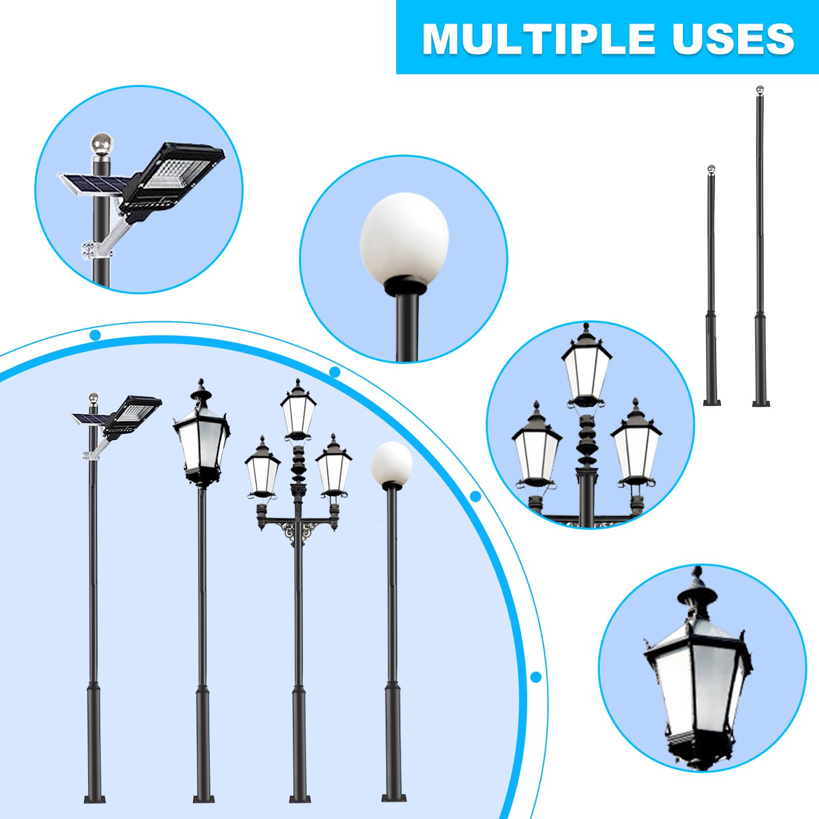 Poste de luz de rua para áreas externas, postes de lâmpada solar de metal com 10 pés de altura, perfeito para quintal, pátio, rua, luminárias